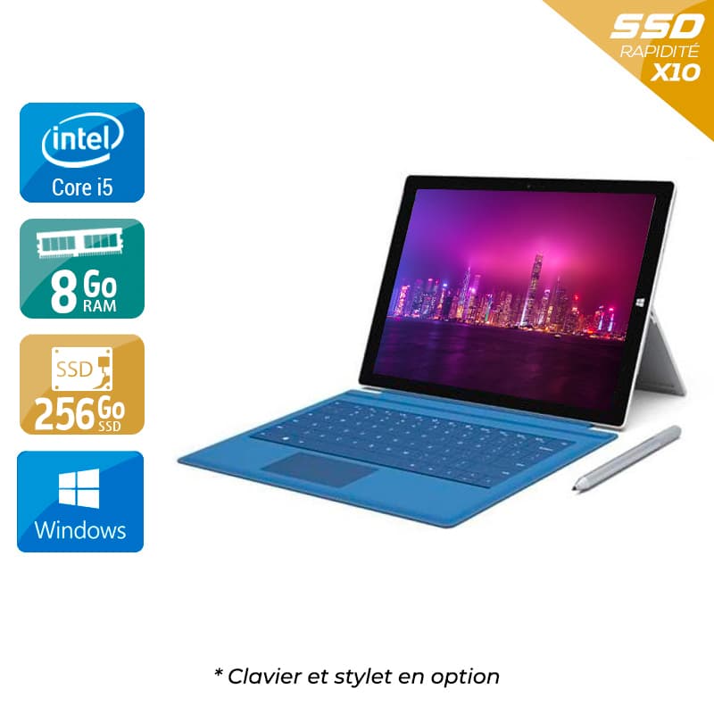 La puissance d'un PC portable et la légèreté d'une tablette vous tentent ? Offrez-vous la Surface Pro 3. Avec cet outil au design fin et aux capacités techniques élevées, Microsoft révolutionne le monde du PC tablette.
La tablette qui remplacera votre PC portable
Laissez-vous séduire par cet hybride qui allie les performances et la polyvalence d'un pc portable à la mobilité d'une tablette tactile ! Avec ses caractéristiques techniques à la pointe, puisqu'elle embarque un processeur Intel Core i5, un disque SSD d'une capacité de 256 Go et 8 Go de RAM : la Microsoft Surface Pro 3 propose une fluidité et une rapidité d'exécution exceptionnelles pour ce gabarit. 
Ce 2-en-1 de Microsoft vous épatera également en regardant vos vidéos préférées car la dalle IPS offre une excellente qualité vidéo pour un écran 12”, parmi les meilleurs dans sa catégorie. Profitez d'un moment de détente pour jouer également, grâce à la carte graphique Intel HD Graphics 4400, sur des jeux peu gourmands.
Exploitez donc toutes ses capacités, que ce soit pour travailler ou pour le loisirs, sans souci de batterie : l'autonomie de votre Surface Pro 3 est l'un de ses points forts.
Une connectivité intéressante
Votre tablette accèdera aux réseaux sans fil via le Wi-Fi standard et par clé internet (USB) en déplacement : ainsi vous resterez connecté partout.
Vous brancherez facilement votre tablette à un écran externe via le mini Displayport pour retransmettre un événement professionnel ou simplement un film en famille. Utilisez un casque, filaire ou Bluetooth, pour plus de discrétion si vous êtes seul sur le canapé ou en déplacement avec les collègues. 
L'emplacement micro SD sera un atout pour stocker encore plus de fichiers, vidéos et photos, à emporter partout avec vous.
La présence de deux caméras et un microphone vous permettront de passer des appels ou d'enregistrer des vidéos sans contrainte. Participer aux réunions et être productifs en tout lieu sera aisé, notamment en associant par Bluetooth 4.0 des outils tels que souris, clavier, imprimantes et casques. 
Le design et la légèreté d’une tablette
Dès la prise en main, la Surface Pro 3 vous donnera satisfaction : robustesse et élégance garanties. Avec seulement 9,1 mm d'épaisseur pour 800 g., sa légèreté contraste avec la puissance de ses composants.
Design proche de l'excellence avec un habit en aluminium brossé et magnésium. Pas de doute, les finitions de votre tablette vous donneront la satisfaction d'un outil high tech haut de gamme tout en finesse. 
Le plus de ce 2-en-1 : le pied intégré qui vous offrira un angle maximal de 150° pour vous garantir plus de souplesse dans le positionnement de l'écran, et donc mieux exploiter les capacités de votre tablette Microsoft. Si la position “assis devant le bureau” vous fatigue, adaptez le pied afin de changer de posture. Votre Surface Pro s'adaptera à vos besoins du moment : posée sur les genoux dans les transports par exemple. Vous la glisserez aussi dans votre sac en un geste et c'est parti !

Equipez vous de ce PC tablette puissant et élégant à prix réduit sur Kiatoo.com !