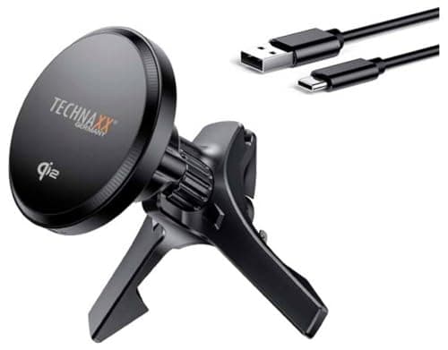 Chargeur de Voiture magnétique 15W QI2 Technaxx TX-323, Support de téléphone pour Grille d'aération avec Anneau en métal - Chargement sans Fil Rapide pour iPhone 12+ et téléphones compatibles Qi