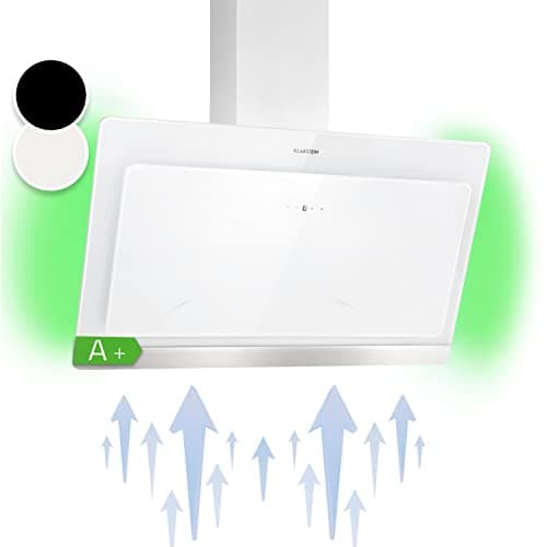 Klarstein Hotte Aspirante 90 cm, Hotte Aspirante Inclinée Silencieuse, de Cuisine 90cm avec Lampes LED RGB, Débit d'Air Puissant 584 m³/h, Efficacité Energétique Classe A, avec Évacuation