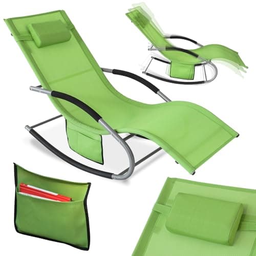 SoBuy Chaise Longue Transat Pliable Jardin Fer – Bain de Soleil Ergonomique à Bascule Relax – Fauteuil Extérieur Confortable Plage pour Terrasse Balcon Camping, Vert, OGS28-GR