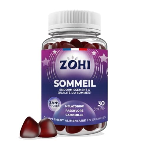 ZOHI - Complément Alimentaire Sommeil - Gummies Sommeil favorisant l'Endormissement et la Qualité du Sommeil - Mélatonine - 60 gommes de fruits goût Fraise Sans Sucres - Vegan - Fabriqué en France