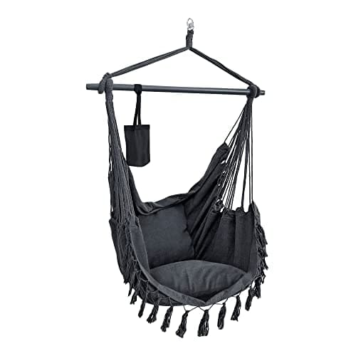 [en.casa] Fauteuil Suspendu Solide Chaise de Hamac avec Porte-Boisson pour Intérieur Extérieur Siège avec Sac de Transport Capacité Jusqu'à 120 kg Polyester Coton Bois Massif 150 x 120 cm Gris Foncé