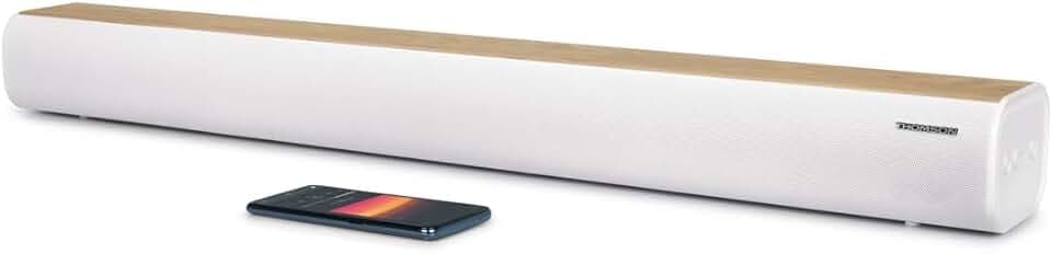THOMSON SB401BT Barre de Son – 200W Puissance Musicale Totale – Bluetooth 5.0 – Entrées Optique, USB & AUX – Préréglages EQ – Télécommande – Indicateur LED de Source – Design Blanc & Bois