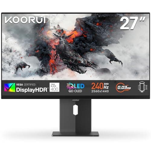 KOORUI S2721XO Ecran PC Gamer 27 Pouces, QD-OLED QHD 2560x1440p, 240HZ 0.03ms Gaming Ecran, 100% sRGB 99% DCI-P3 280cd/m², HDR True Black 400, Adaptive Sync, 2xHDMI 2.1/1xDP1.4, VESA 100x100mm