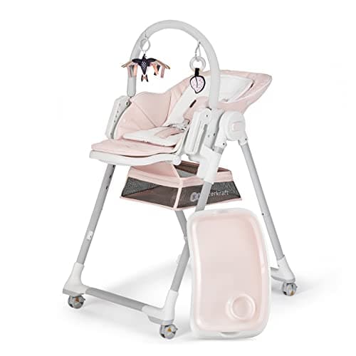 Kinderkraft LASTREE Chaise haute bébé evolutive de la naissance 2 en 1, Transat bébé avec Arche 2 jouets, Pliable, Position allongée, Réglable, Rose