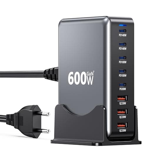 Chargeur USB C 600W GaN,Adaptateur secteur 8 ports multiples Station de charge rapide avec 5 USB-C + 3 USB-A,PD140W Adaptateur secteur chargeur multiple compatible avec Laptop/MacBook/iPhone 16/Galaxy