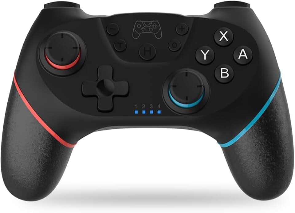 NK Manette Sans fil – Compatible avec Switch/Switch 2/OLED/Lite/Pro avec fonction Wake, réglages macro, Bluetooth, 6 axes, fonction turbo, double choc, double vibration - Couleur noire (rouge et bleu)