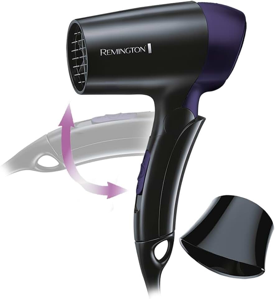 Remington Sèche-Cheveux Pliable [Ultra Compact Léger] On The Go (Puissant 1400W, 2 températures par vitesse, réglage de voltage universel, concentrateur) Sèche-cheveux de voyage D2400