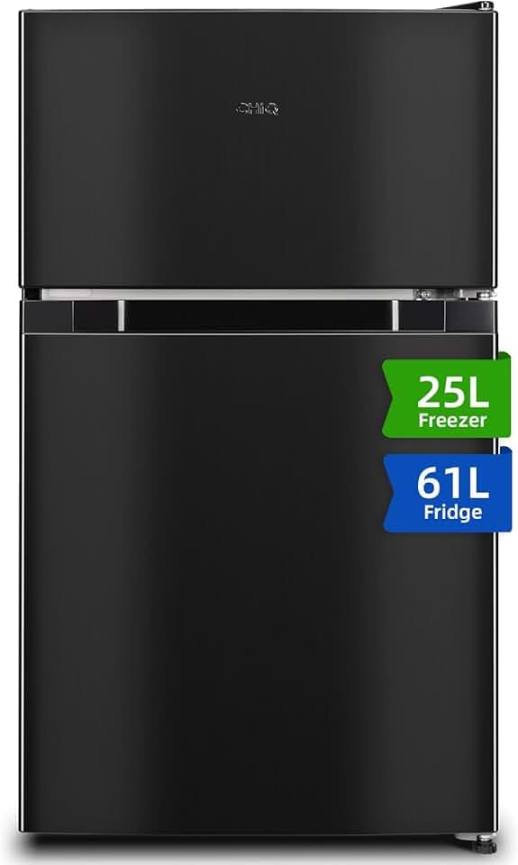 CHiQ Réfrigérateur congélateur en haut Réfrigérateur congélateur - 86 L (61/25L) - Portes réversibles, Congélateur 4 étoiles, Machine à glaçons, Garantie compresseur 12 ans, Classe E