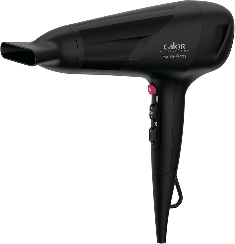 Calor Studio Dry Sèche-cheveux, Technologie Effiwatts pour une consommation d'énergie réduite, 6 réglages de vitesse/température, Concentrateur, Touche air frais, Grille arrière amovible CV5803C0