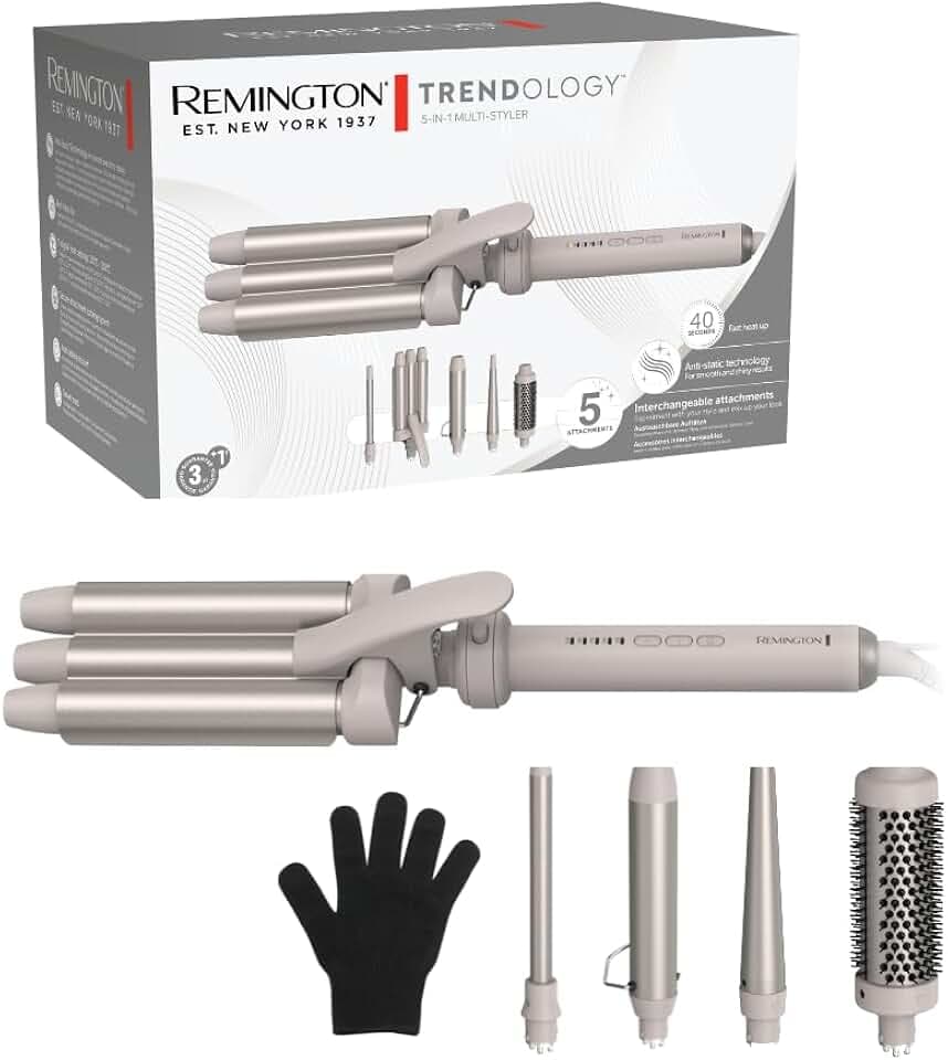 Remington Boucleur à cheveux 5en1 [3 accessoires 13-33mm, fer à boucler, brosse ronde] Trendology (écran LED 130°C-210°C, ondulations, boucles naturelles, définies, tous types de cheveux) CI41MS5E51