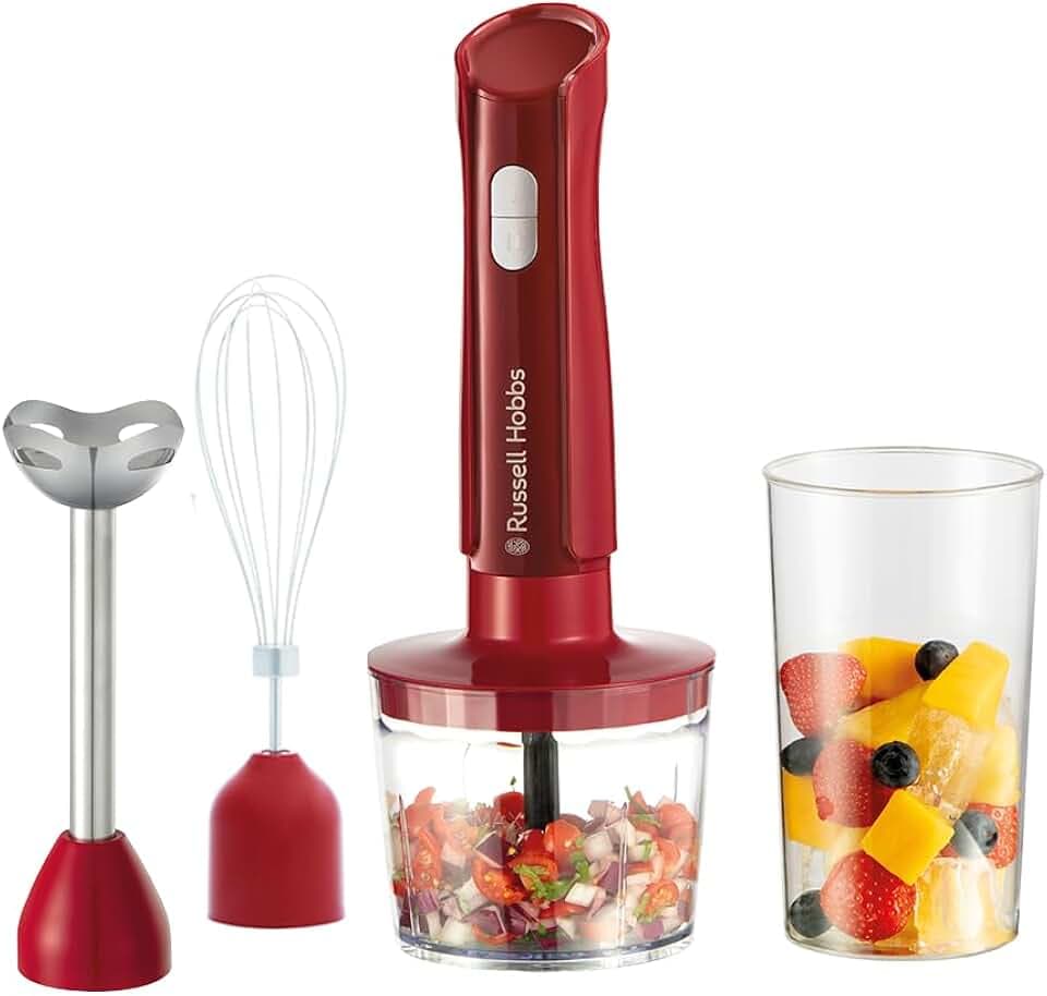 Russell Hobbs Mixeur plongeant [3 en 1 : mixeur, fouet, hachoir] Blender Rouge (bol 600 ml, smoothies, soupes, sauces, dips, lames en acier inoxydable, lavables au lave-vaisselle, sans BPA) 27142-56