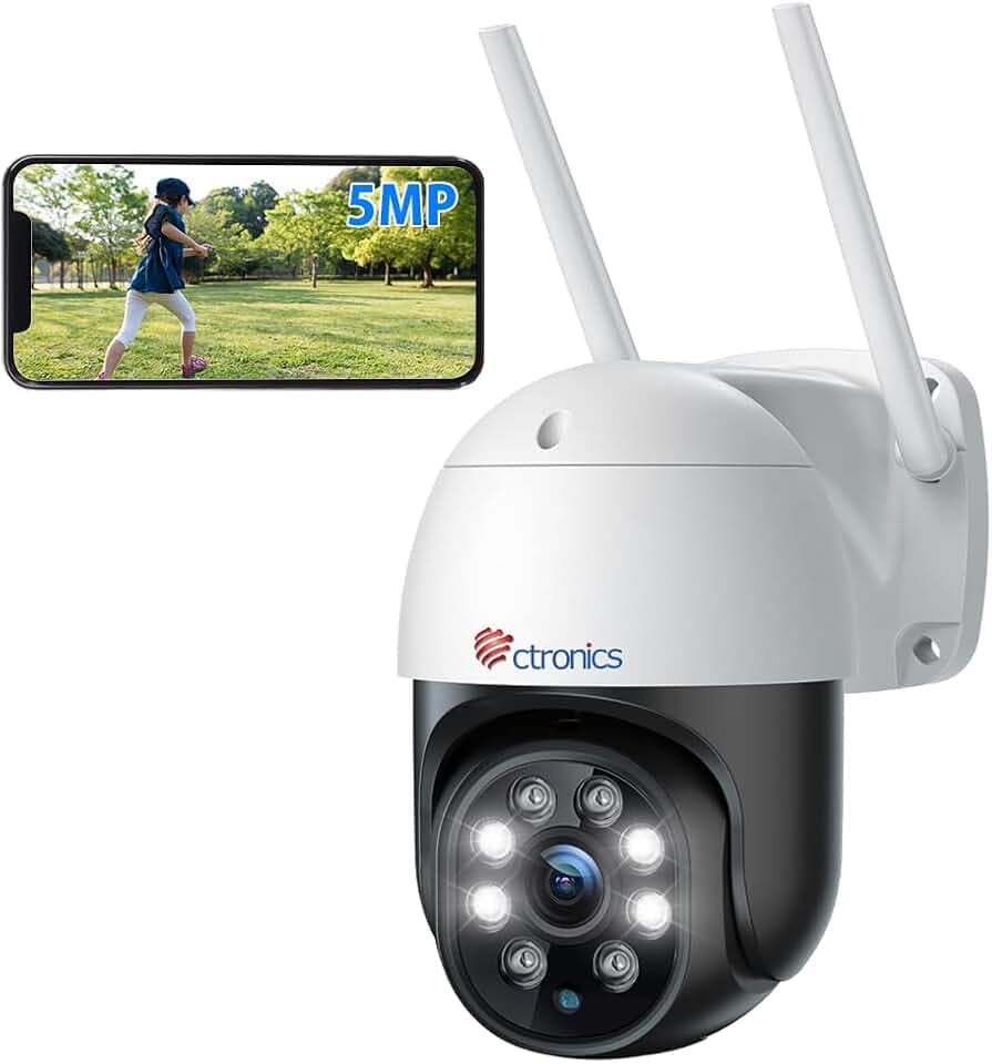 Ctronics 5MP Caméra Surveillance WiFi Extérieure, 2,4Ghz/5Ghz WiFi PTZ Camera IP 2880X1620P Couleur Vision Nocturne,Détection Humaine Auto Suivi, Audio Bidirectionnel,IP66 (1 PCS) ClimeCo Certified
