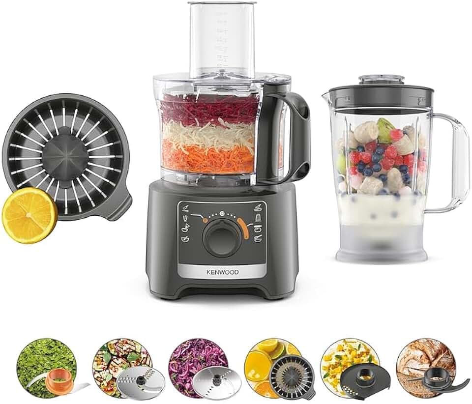 Kenwood MultiPro Compact - Robot Multi. 800W Bol de 2,1L 6 Accessoires Gris | Blender 1,2 L, Lame, Émulsionneur, Presse-agrumes, Pétrin, Disque À Trancher/râper, 2 Vitesses + Pulse, FDP31.360GY