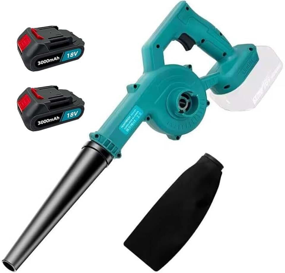 Souffleur de Feuilles sans Fil 18V, Souffleur Jardin Puissant Léger, Livré avec 2 Batteries 3000mAh et Chargeur Complet, Idéal pour Nettoyer Jardin, Terrasse, Allée, Voiture et Espace Intérieur
