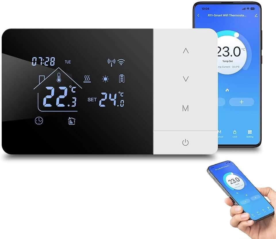 Thermostat Intelligent WiFi,pour Tuya Contrôleur de température programmable pour chaudières gaz,Compatible avec Commande vocale Alexa,pour Google Assistant,avec sécurité Enfant,Alimenté USB/Batterie