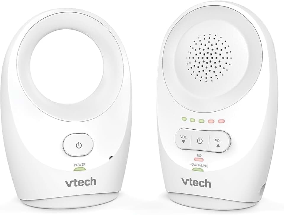 VTech BM1120 Moniteur Audio bébé, transmission claire du son et de la sécurité, longue portée, affichage de volume LED de 5 niveaux, Clip de ceinture, Batteries rechargeables