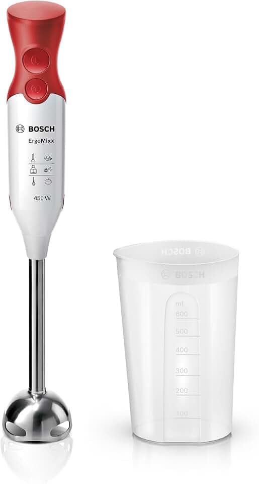 Bosch Mixeur plongeant ErgoMixx, moteur 450 W, 2 vitesses, hachoir, fouet et gobelet doseur, blanc/rouge, MSM64110