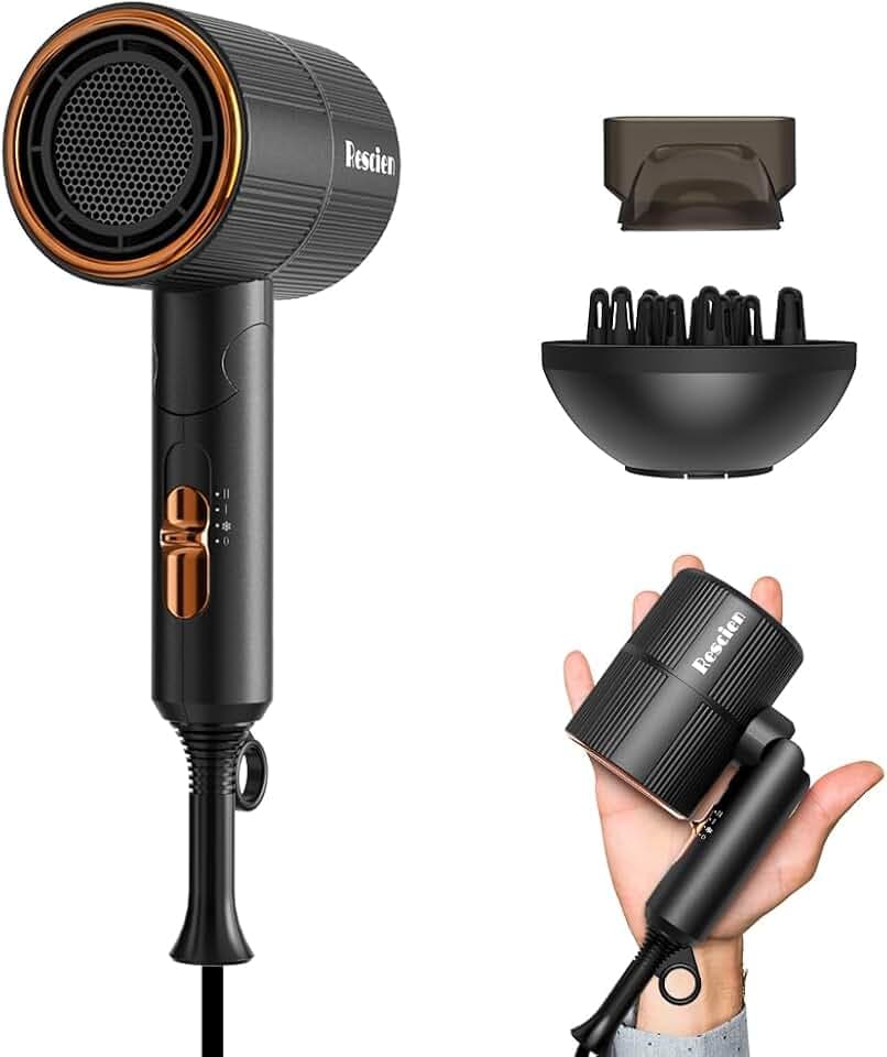 Sèche-cheveux ionique RESCIEN 2000W avec Concentrateur & diffuseur [Petit/Pliable/2026 neuf- 10 x 7 x 19cm/250g] Sèche-cheveux de voyage, Hair Dryer séchage rapide, utilisable en salon (Noir)