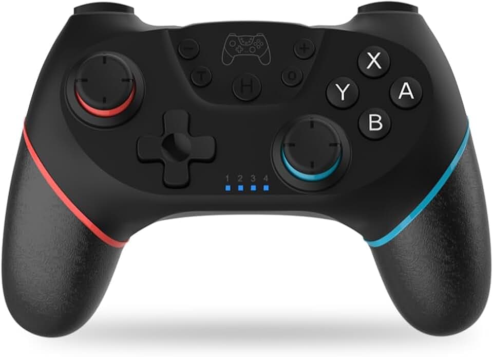 NK Manette Sans fil – Compatible avec Switch/Switch 2/OLED/Lite/Pro avec fonction Wake, réglages macro, Bluetooth, 6 axes, fonction turbo, double choc, double vibration - Couleur noire (rouge et bleu)