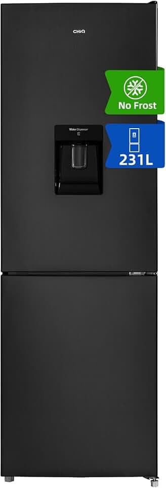 CHiQ 231L Frigo Combiné NoFrost Noir (FBM228NE4DE) | Distributeur d'Eau, Congélateur 4 Étoiles, Refroidissement Rapide, Porte Reversible, Bacs à Fruits