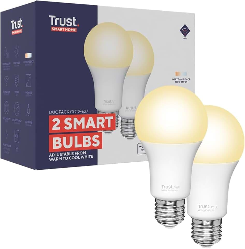 Trust WIFI E27 Ampoule Connectée Compatible avec Alexa et Google Home, Ampoule Dimmable E27 Sans Hub, 2.4GHz Lampe LED WiFi, Lumière Blanche Chaude à Froide – Lot de 2