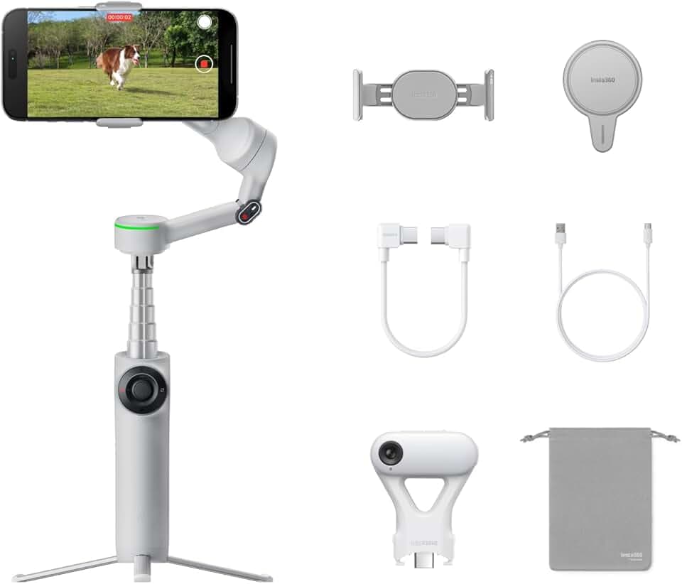 Insta360 Flow 2 Pro stabilisateur pour iPhone et Android avec suivi par l'IA, lumière d’appoint, perche à selfie et trépied intégrés, pour vlogs, voyages, famille, sport – Pack ultime traqueur IA gris