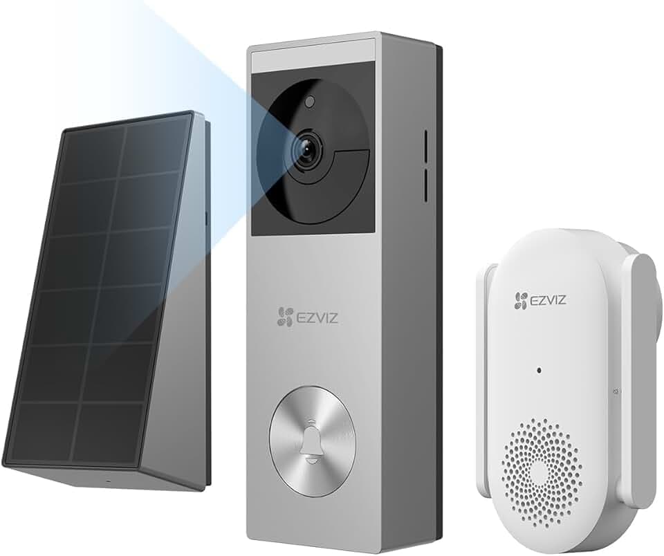 EZVIZ Sonnette Vidéo sans Fil avec Caméra 2K, Sonnette Extérieur avec Panneau Solaire & Batterie,Vision Nocturne Couleur, Détection de Personnes, Vue Ultra Large, Stockage eMMC 8 Go,CP3 Pro et CH1 Kit