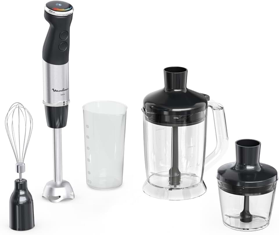 Moulinex Quickchef+ Pied Mixeur, 1000 W, Silencieux, 20 vitesses, Mode turbo, Accessoires hachoir compact, Hachoir mixeur XL, Fouet DD67L810, Noir