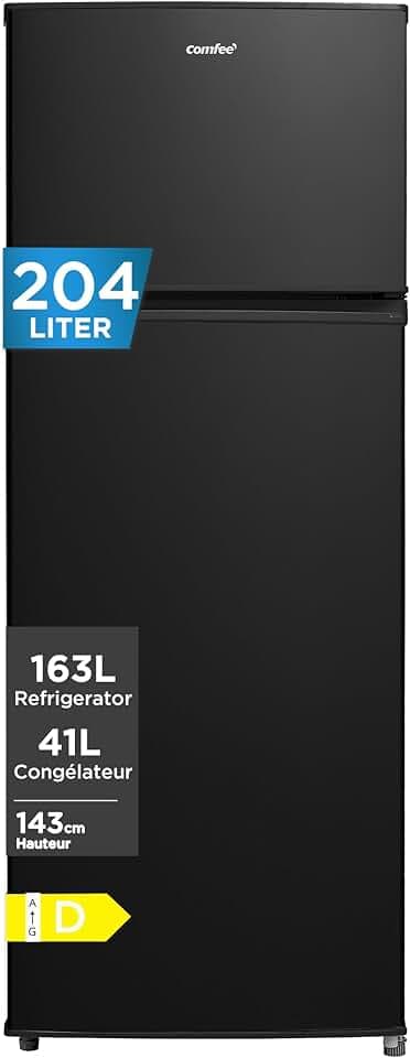 Comfee 204 L Frigo Congelateur, Refrigerateur Congelateur 2 Portes, Noir | Congélateur supérieur, 137 kWh/an, Inverter, 163L+41L, Température Réglable, tiroir légumes, LED, portes réversibles