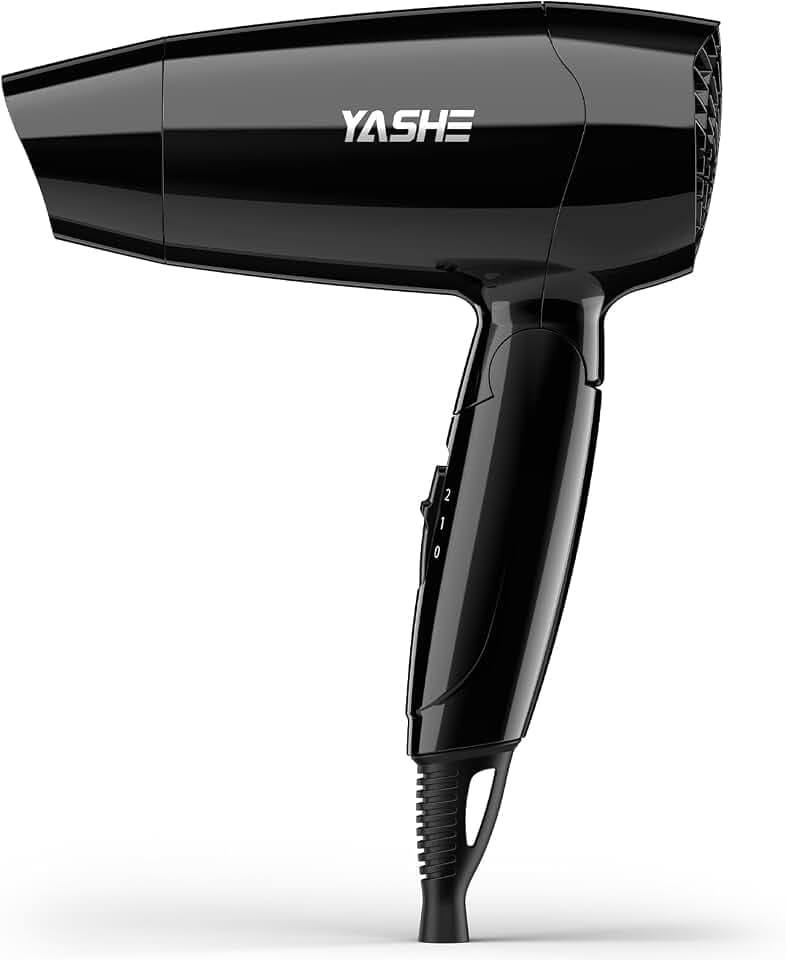 YASHE Mini Sèche-Cheveux Pliable de Voyage, Sèche-Cheveux Compact 1200W Avec 2 Réglages de Chaleur et Vitesse, Buse de Précision, Cordon 1,8 m, Léger Pour Voyage, Maison, Hôtel ou Dortoir, Noir