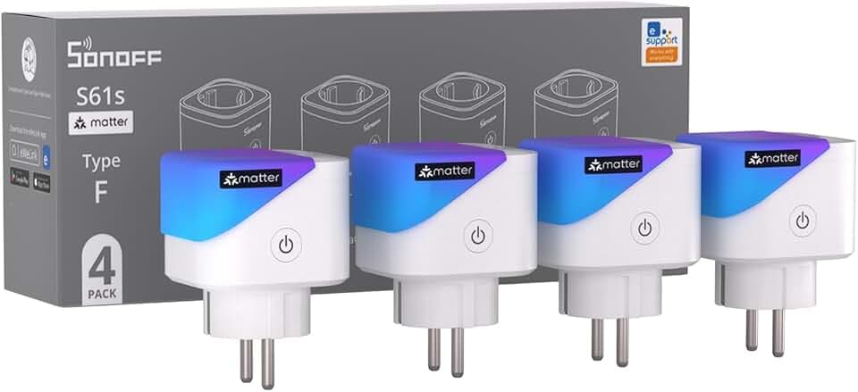 SONOFF S61s Prise Connectée WiFi 16A/3840W – Contrôle à Distance & Vocal, Mesure de Consommation Électrique, Minuterie Intelligente, Compatible Matter avec Alexa, Google & Apple Home (Pack de 4)