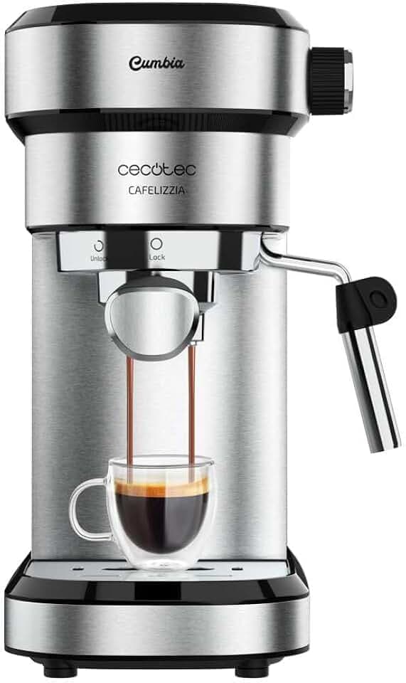 Cecotec Machine à Café Expresso Double Sortie Cafelizzia Steel. 1350W, Bras Porte-Filtre Avec Deux Filtres, Vapeur Dirigeable, Pression 20 Bars, Réservoir Amovible 1,2L, Acier
