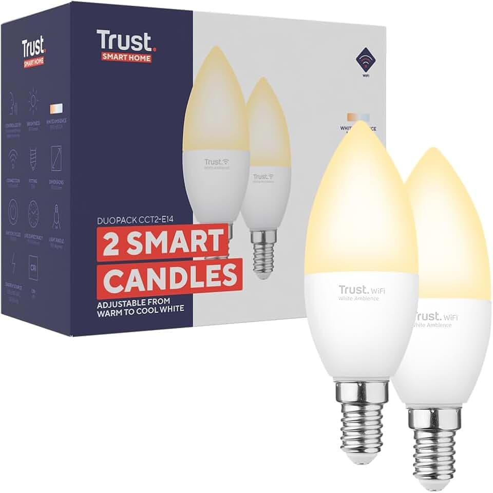 Trust WIFI E14 Ampoule Connectée, Compatible avec Alexa et Google Home, Ampoule LED Dimmable E14, Sans Hub, 2.4GHz Lampe LED, Ampoule WiFi, Lumière Blanche Chaude à Froide – Lot de 2