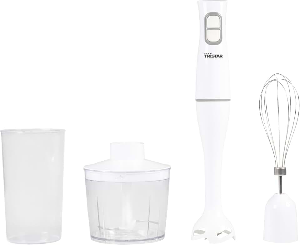 Tristar Mixeur à main set - 350 W - Bâton extra-long - Mixeur plongeant - Hachoir - Gobelet gradué - Fouet - Blanc -MX-4851