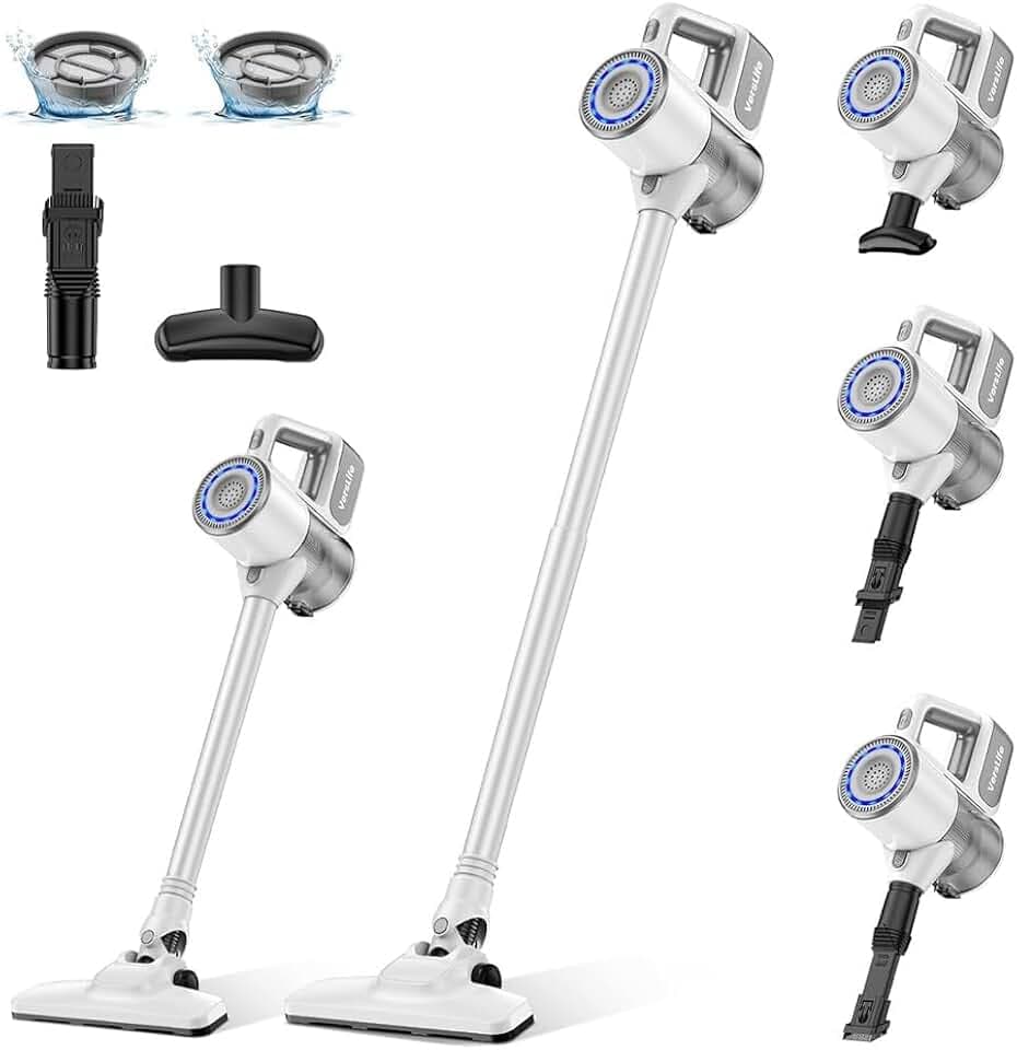 VersLife Aspirateur Balai sans Fil, Aspirateur sans Fil 30Kpa avec 30 Min d'Autonomie, 4 en 1 Aspirateur Balai sans Sac pour Les Poils d’Animaux, Tapis, Sols (Blanc)