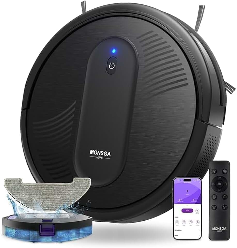 MONSGA 3 en 1 Robot aspirateur Laveur pour Nettoyage Domestique, Ultra-Mince 83mm, aspirateur Robot Laveur sans Station avec télécommande pour Sols Durs, Recharge Automatique, Anti-Enchevêtrement