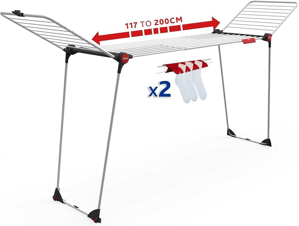 Vileda - Séchoir Infinity Flex - Étendoir Linge Intérieur Pliable Extensible et Adaptable - Tubes XXL Anti-traces - Séchoir à Linge au Format Table pour Grandes Pièces - Étendoir en Acier Grand Format