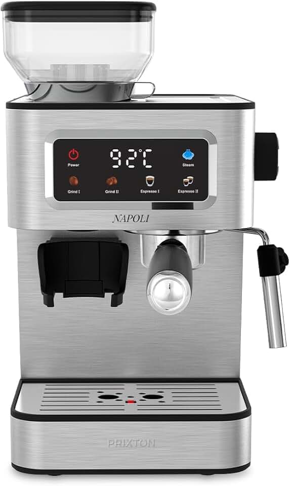 Prixton Machine à Café Expresso Napoli avec Moulin Intégré 22 niveaux, 20 Bars, 1350 W, Double Filtre, Vapeur Réglable, Compatible avec les Grains de Café, le Café Moulu et les Capsules