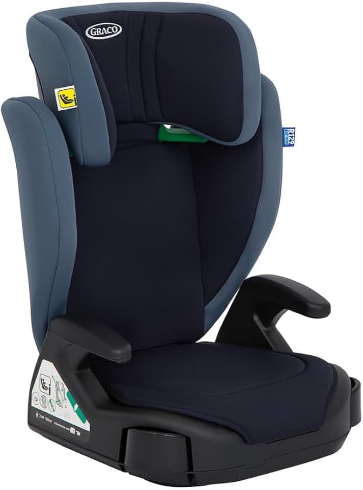Graco Junior Maxi i-Size R129 rehausseur à dossier haut, env. 3,5-12 ans (100-150 cm), accoudoirs et appui-tête réglables en hauteur, léger, avec porte-boisson, bleu, Navy