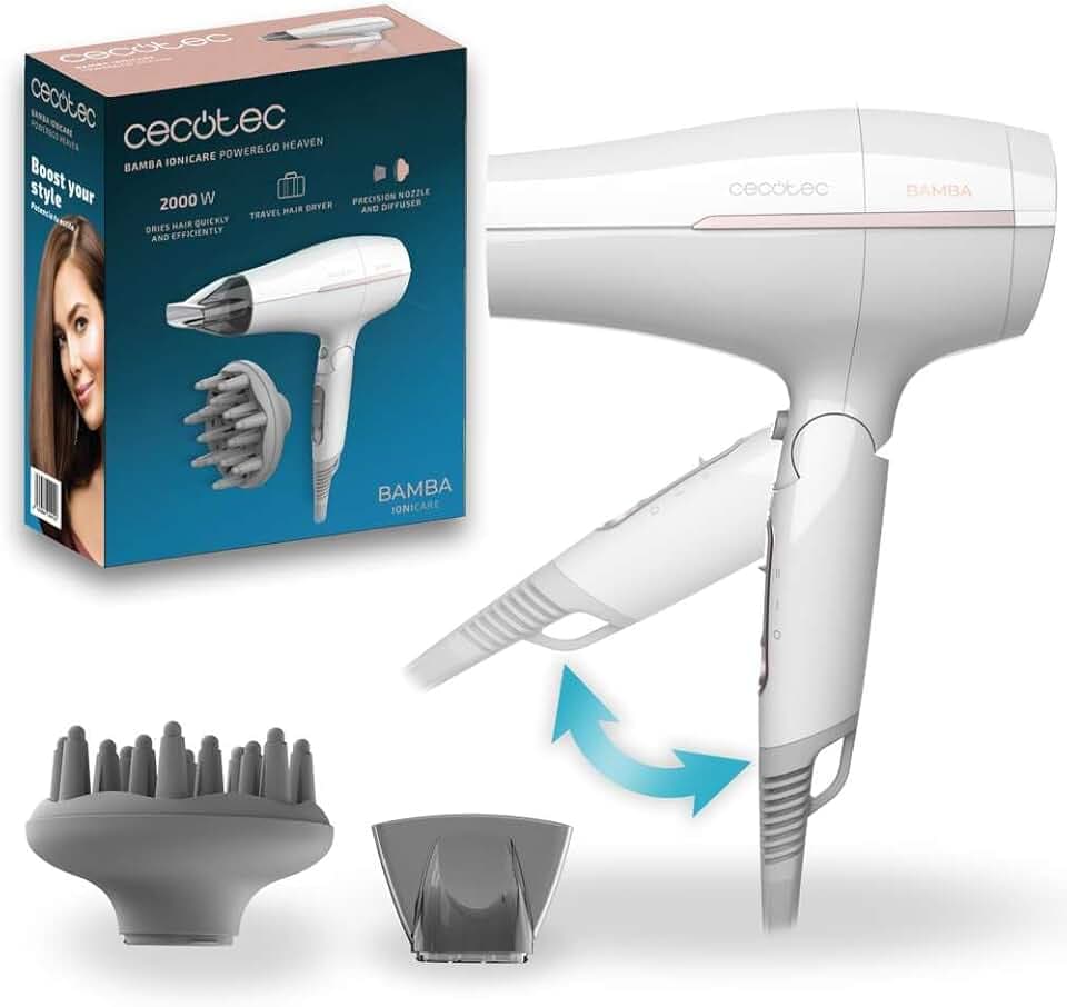Cecotec Sèche-Cheveux de Voyage Pliable IoniCare Power&Go Heaven, 2000W, 2 températures, 2 vitesses, fonction air froid, buse concentratrice et diffuseur inclus