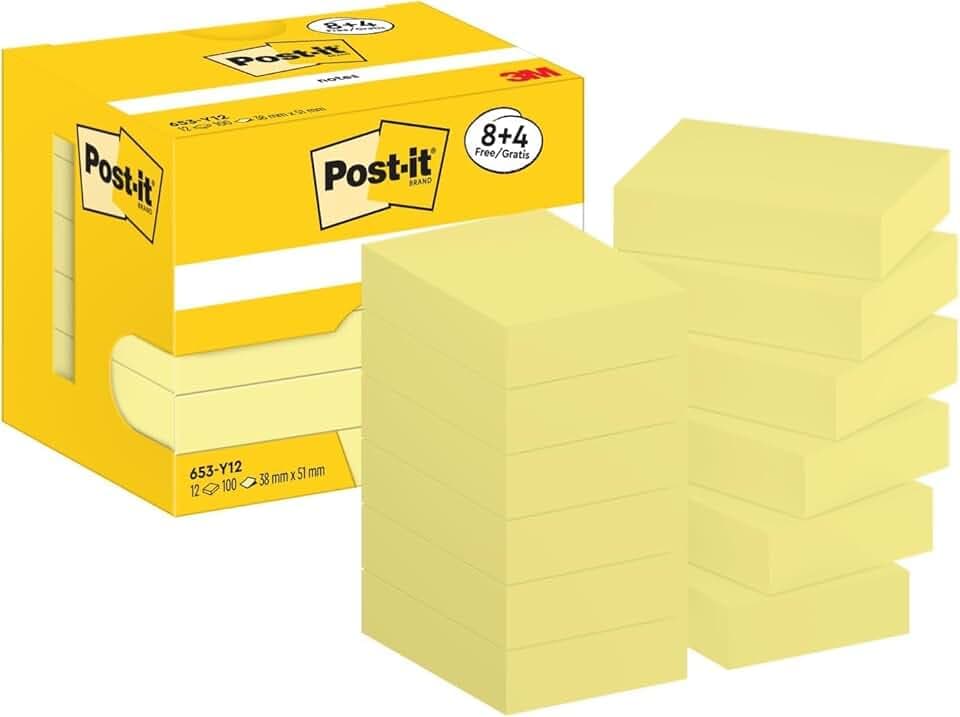 Post-it Notes Autocollantes, Pack Promo, Pack de 8 + 4 Blocs GRATUITS, 100 Feuilles par Bloc, 38 mm x 51 mm, Jaune Pastel - Feuillets Adhésifs pour Prise de Notes, Listes de Tâches et Rappels | Notes Autocollantes pour Mémos et Planification ; Se Retirent Proprement, Idéales pour Coder, Organiser, Capturer Les Idées