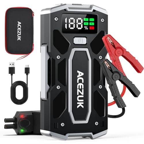 ACEZUK Booster Batterie Voiture 10000A, Démarreur de Batterie de Voiture Portable(Jusqu'à 8.0L Diesel ou 10.0L Gaz), 12V Jump Starter, Pinces Intelligentes avec Écran, Lumière LED, Port de QC3.0