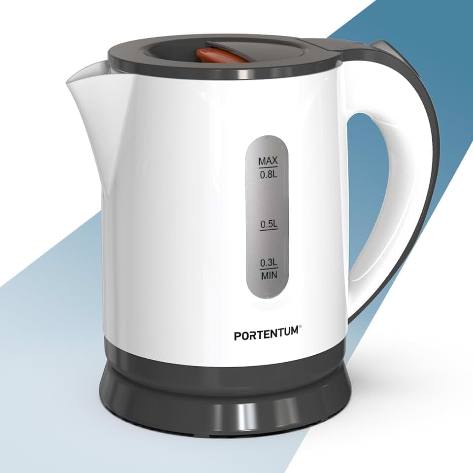 PORTENTUM Bouilloire electrique 0,8 L avec base rotative à 360° – Mini kettle de 1100 W sans BPA – Filtre anticalcaire amovible – Indicateur de niveau – Arrêt automatique de sécurité
