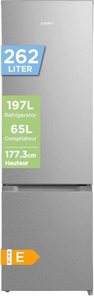 Comfee' 262L (197+65), Frigo Congelateur, Acier Inoxydable [Classe énergétique E] | Grande Capacité 262L (197+65), Low Frost, Hauteur 177,3 cm, Faible Bruit 39 dB, Éclairage LED, Température Réglable