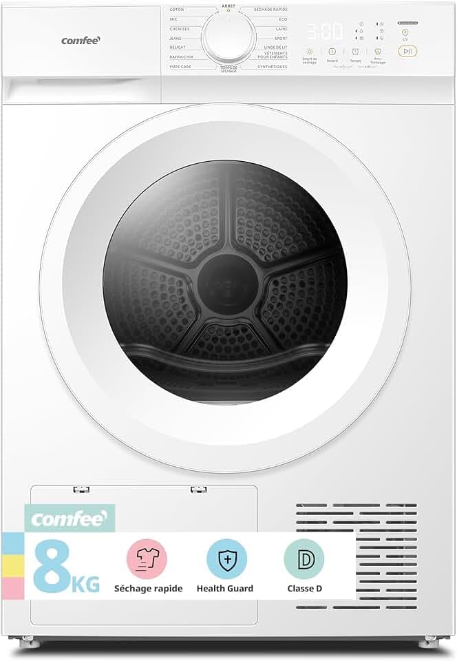 COMFEE' Sèche linge Pompe à Chaleur, 8kg, Classe D, Séchage rapide, Élimination des poils d'animaux, 15 programmes, Fonction anti-rides，Fonction rafraîchissante，CD08EHP05W, Blanc