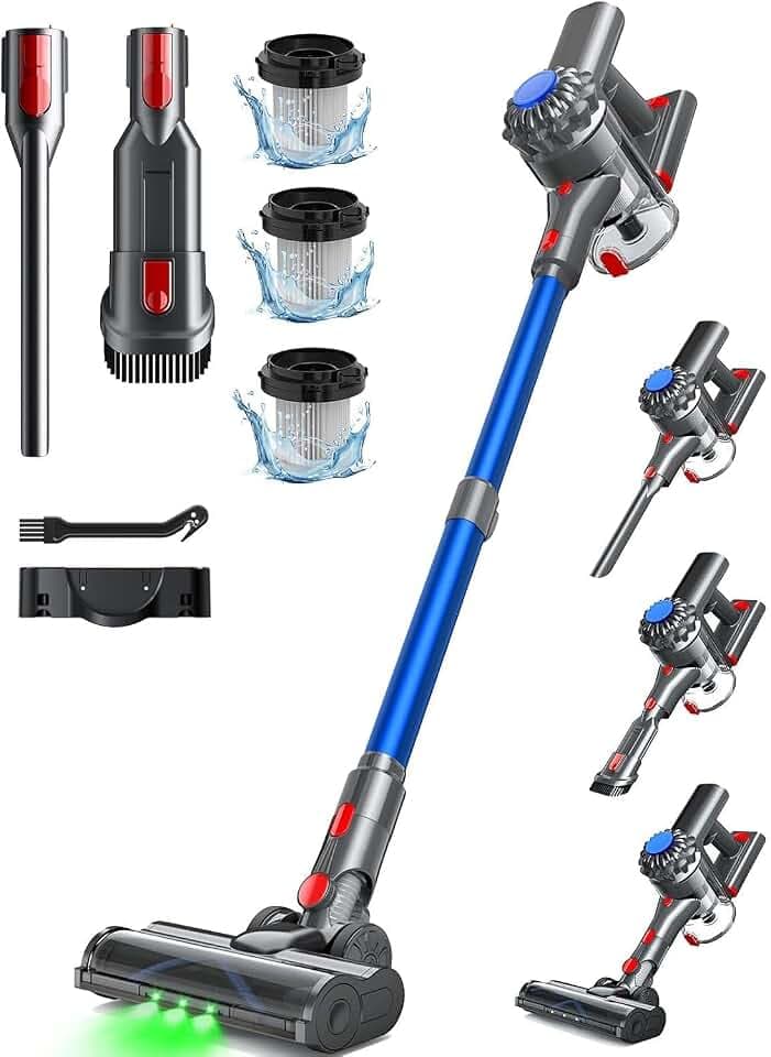 Aspirateur Balai sans Fil, 50Mins/40KPA/450W Aspirateur sans Fil | Aspirateur Balai avec LED Verte, Aspirateur avec Brosse à Plancher Améliorée, pour Tapis, Sols Durs, Poils d'animaux, Bleu