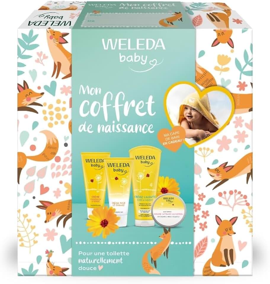 WELEDA - Mon Coffret Naissance avec Soins Bébé et Cape de Bain Offerte | Crème Lavante, Crème Visage, Crème Pour Le Change, Baume intense universel, Cape De Bain Coton Bio, NATRUE Natrue