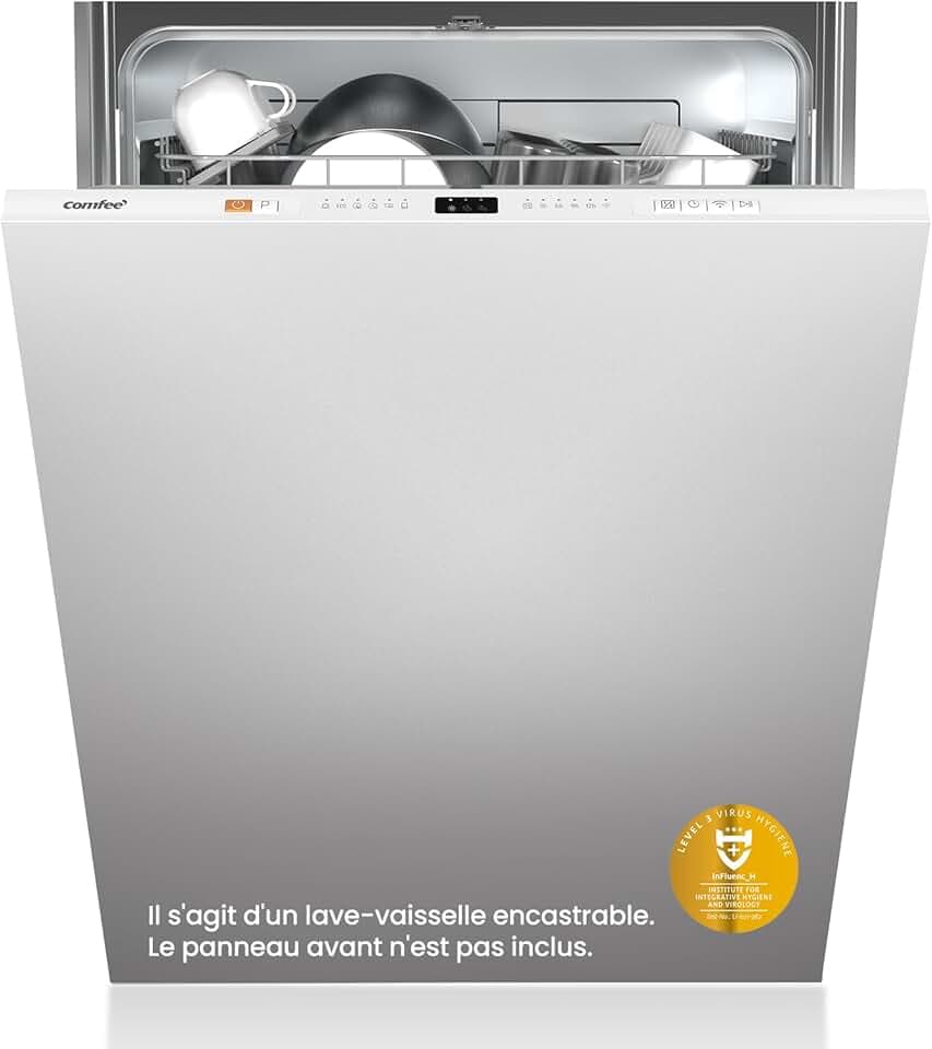 COMFEE' CDWPB1215PB-EU Lave-vaisselle Entièrement Intégré avec 12 Couverts, Lavage Cloud Wash, Séchage Supplémentaire, Lave-vaisselle Encastrable avec Démarrage Différé, Lavage Rapide - Blanc