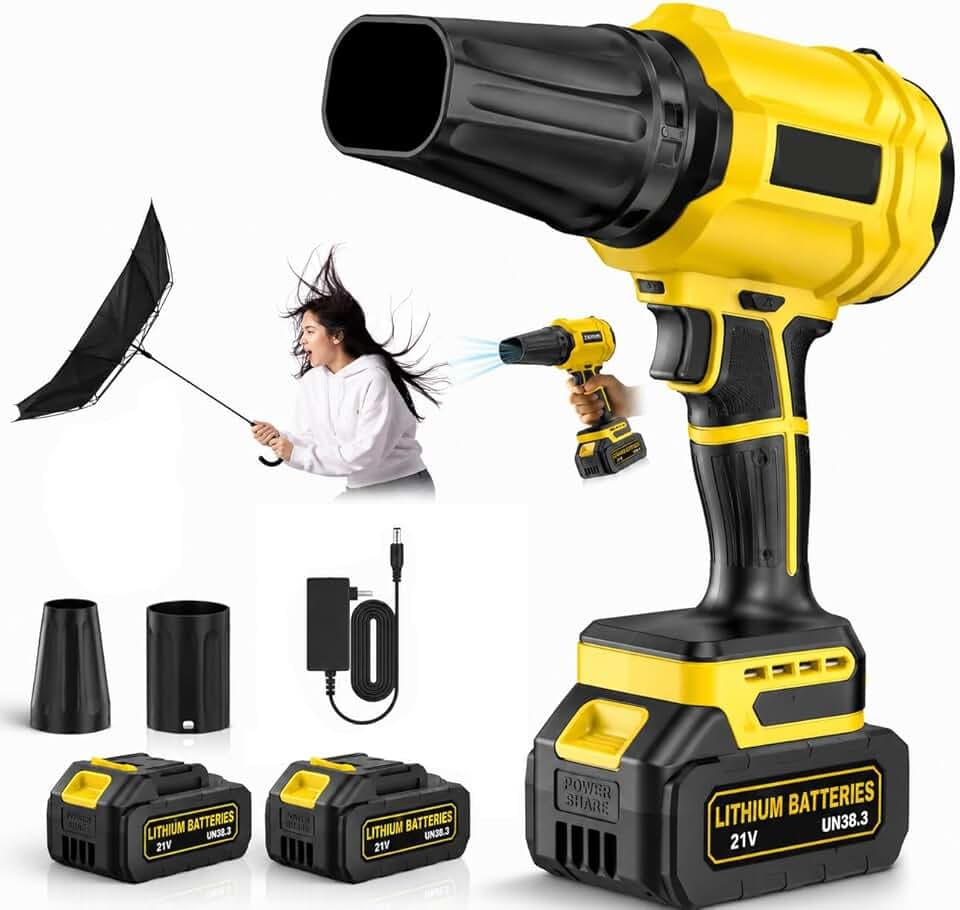 Souffleur Batterie avec 2 Batteries 4,0 Ah, 21V Souffleur de Feuilles sans Fil 65 m/s, Moteur Brushless 800,000 TR/Min, 2 Buses, Réglage Variable, pour Jardin, Terrasse, Voiture (Jaune)